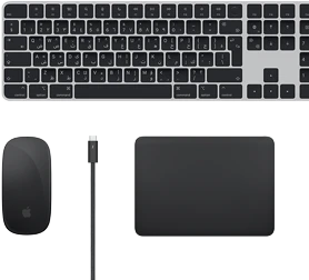لقطة علوية لاكسسوارات Mac:‏ لوحة مفاتيح ماجيك وماجيك ماوس ولوحة تعقب ماجيك وكابلات ثندربولت
