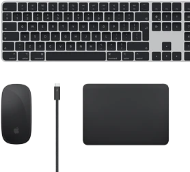 Top view of Mac accessories: Magic Keyboard, Magic Mouse, Magic Trackpad and Thunderbolt cables.