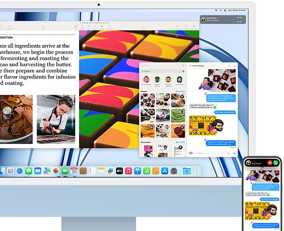 iMac next to an iPhone, showing Continuity feature by sharing a text conversation and photos between iPhone and iMac.