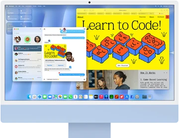 جهاز iMac، الجهة الخارجية الأمامية، لون أزرق، يعرض تطبيق الرسائل وموقع 'Learn to Code' 