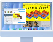 جهاز iMac، الجهة الخارجية الأمامية، لون أزرق، يعرض تطبيق الرسائل وموقع 'Learn to Code' 