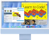 جهاز iMac، الجهة الخارجية الأمامية، لون أزرق، يعرض تطبيق الرسائل وموقع 'Learn to Code' 