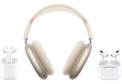 AirPods Pro في علبة شحن مفتوحة، لون أبيض، وHomePod mini، لون سماء الليل