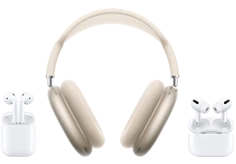 AirPods Pro في علبة شحن مفتوحة، لون أبيض، وHomePod mini، لون سماء الليل