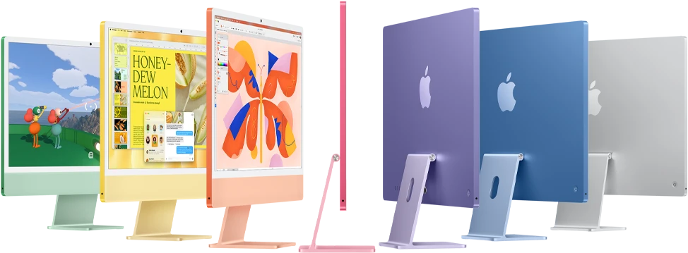 سبعة موديلات iMac باللون الأخضر والأصفر والبرتقالي والوردي والليلكي والأزرق والفضي، تصطف في ترتيب يشبه شكل الأكورديون