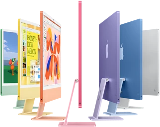سبعة موديلات iMac باللون الأخضر والأصفر والبرتقالي والوردي والليلكي والأزرق والفضي، تصطف في ترتيب يشبه شكل الأكورديون