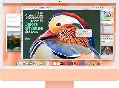 جهاز iMac، الجهة الخارجية الأمامية، لون برتقالي، يعرض تطبيقاً لتعديل الصور مع أدوات الذكاء الاصطناعي، وتطبيق البريد في الخلفية