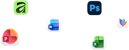 أيقونات لتطبيقات متنوعة تطفو على الشاشة، ومن بينها Microsoft Word وAdobe Photoshop وCanva وFigma 