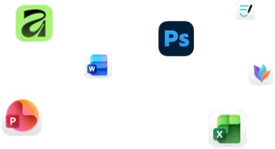 أيقونات لتطبيقات متنوعة تطفو على الشاشة، ومن بينها Microsoft Word وAdobe Photoshop وCanva وFigma 