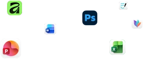 أيقونات لتطبيقات متنوعة تطفو على الشاشة، ومن بينها Microsoft Word وAdobe Photoshop وCanva وFigma 