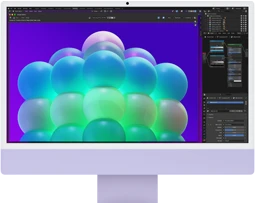 جهاز iMac، الجهة الخارجية الأمامية، لون ليلكي، يعرض مجموعة فقاعات مفعمة بالألوان في تطبيق لتعديل الصور