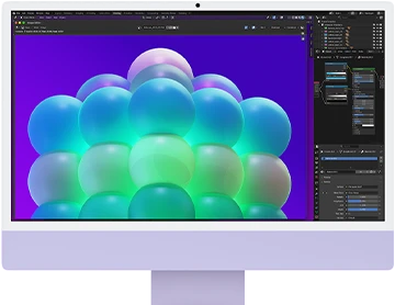 جهاز iMac، الجهة الخارجية الأمامية، لون ليلكي، يعرض مجموعة فقاعات مفعمة بالألوان في تطبيق لتعديل الصور