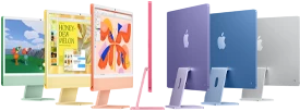 سبعة موديلات iMac باللون الأخضر والأصفر والبرتقالي والوردي والليلكي والأزرق والفضي، مرتبة على شكل أكورديون
