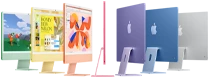 سبعة موديلات iMac باللون الأخضر والأصفر والبرتقالي والوردي والليلكي والأزرق والفضي، مرتبة على شكل أكورديون