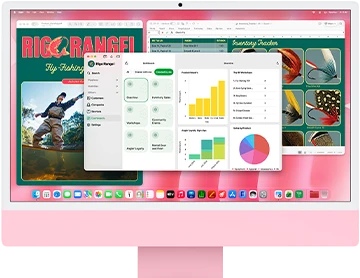 جهاز iMac، الجهة الخارجية الأمامية، لون وردي، شاشة تعرض تطبيقات متعددة مفتوحة