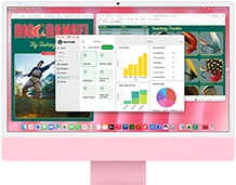 جهاز iMac، الجهة الخارجية الأمامية، لون وردي، شاشة تعرض تطبيقات متعددة مفتوحة