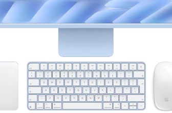 Magic Keyboard with Touch ID, blue color, Magic Trackpad, and Magic Mouse