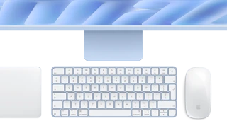 Magic Keyboard with Touch ID, blue color, Magic Trackpad, and Magic Mouse