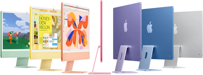 Seven iMac models in colors green, yellow, orange, pink, purple, blue, and silver, unfolding into an accordion arrangement