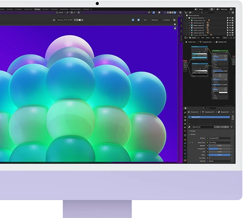 iMac, front exterior, purple color, displaying a colorful bubble structure in an image editing app