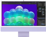 iMac, front exterior, purple color, displaying a colorful bubble structure in an image editing app