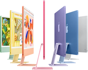 iMac لامع. صورة لأجهزة iMac باللون الأخضر والأصفر والبرتقالي والوردي والليلكي والأزرق والفضي