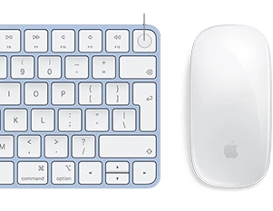 Close-up of color-matching Magic Keyboard and Magic Mouse, with Touch ID fingerprint in focus