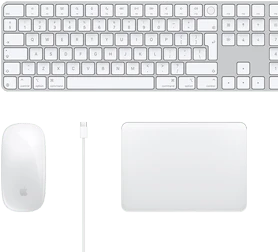 Desktop-view of Magic Mouse, USB-C cable, Magic Trackpad, and numeric Magic Keyboard accessories