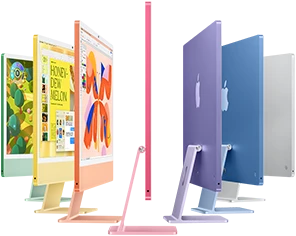 iMac Brilliant. View of iMacs in green, yellow, orange, pink, purple, blue, and silver colors