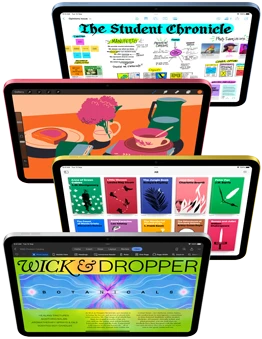 Front facing iPad screens show a variety of Apple apps and App Store apps.