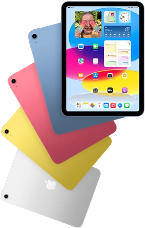 لقطة أمامية لجهاز iPad تعرض شاشته الرئيسية، وخلفه أربعة أجهزة iPad معروضة من الجهة الخلفية باللون الأزرق، والوردي، والأصفر، والفضي.
