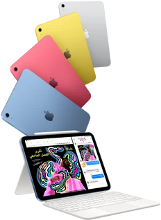 أجهزة iPad باللون الأزرق والوردي والأصفر والفضي مع جهاز iPad مثبت في المحفظة بلوحة مفاتيح ماجيك مع قلم&nbsp;Apple‏