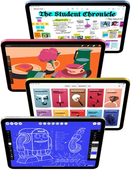 Front facing iPad screens show a variety of Apple apps and App Store apps
