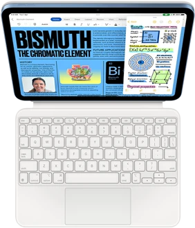 iPad attached to Magic Keyboard Folio, screen is showing Slide Over with Pages and Notes app