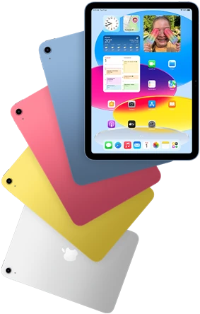 Front view iPad shows home screen, behind are four back facing iPad models in blue, pink, yellow, and silver