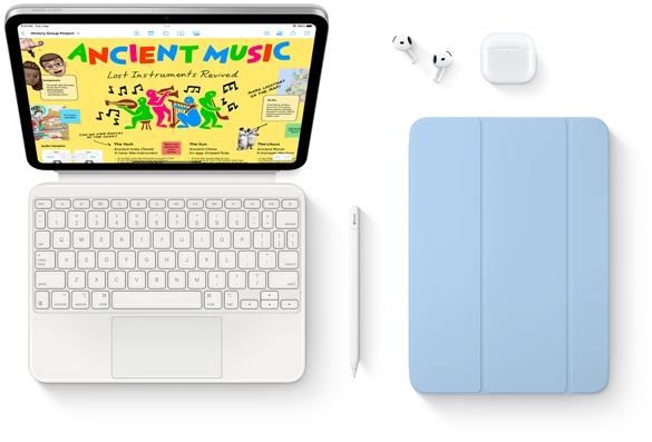 iPad attached to Magic Keyboard Folio, Apple Pencil, AirPods, and Smart Folio