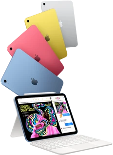 iPad in blue, pink, yellow, and silver colors and iPad attached to the Magic Keyboard Folio with Apple Pencil