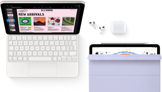iPad Air attached to Magic Keyboard, with Airpods Pro, Apple Pencil Pro, and Smart Folio accessories