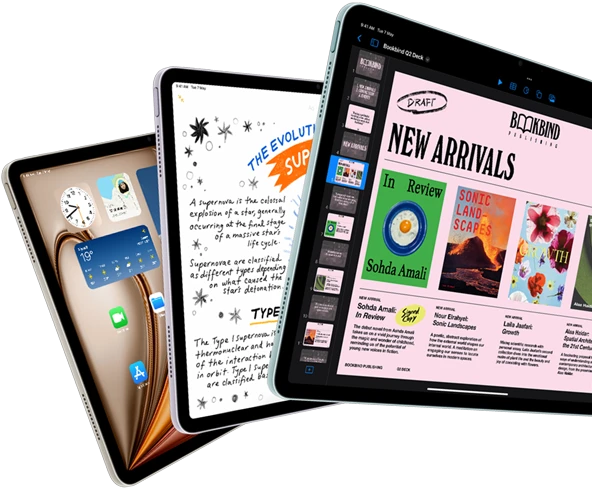 Three iPad Air displays showing iPadOS and apps features