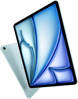 Front angled view of 13 inch iPad Air showing colorful display, back view of 11-inch iPad Air showing back exterior and camera