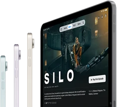 Side view of three iPad Air models, a fourth iPad Air model is showing Apple TV+ show Silo
