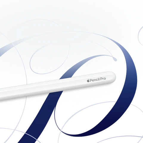 قلم&nbsp;Apple&nbsp;Pro، لون أبيض، معروض على خلفية بيضاء مع دوامات بلون أزرق