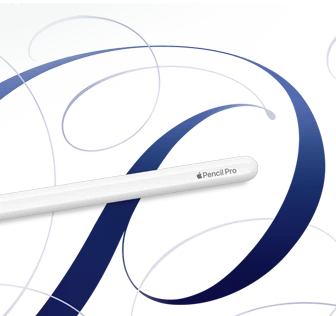 قلم&nbsp;Apple&nbsp;Pro، لون أبيض، معروض على خلفية بيضاء مع دوامات بلون أزرق