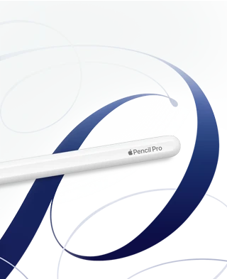 قلم&nbsp;Apple&nbsp;Pro، لون أبيض، معروض على خلفية بيضاء مع دوامات بلون أزرق