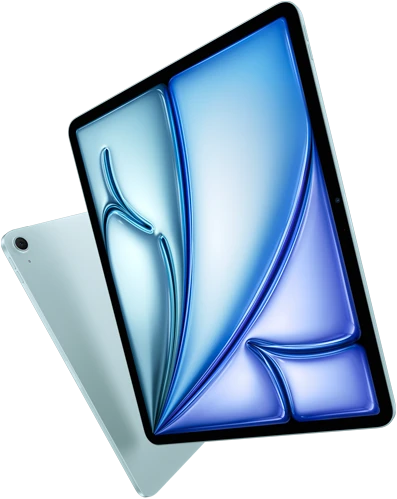 زاوية أمامية لجهاز iPad&nbsp;Air مقاس 13&nbsp;إنش، شاشة ملونة معروضة على الشاشة، جهاز iPad&nbsp;Air مقاس 11&nbsp;إنش مع الجانب الخلفي الخارجي وكاميرا خلفية واسعة 12MP‏