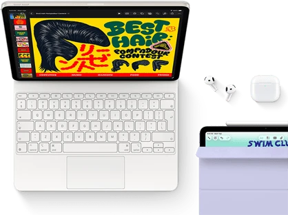 iPad Air, Starlight color, colorful graphics on screen, attached to Magic Keyboard, Airpods Pro and Apple Pencil Pro accessories