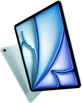 Front angle of 13-inch iPad Air, colorful display on screen, 11-inch iPad Air with back exterior and 12MP Wide back camera