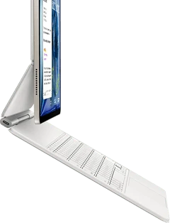 iPad Air, Starlight color, attached to Magic Keyboard, white color, side exterior