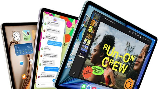 Three iPad Air displays in fan-like arrangement, colors: Blue, Purple, Starlight, front exterior, side exterior, apps on screen display include Keynote app, Messages, and Home Screen