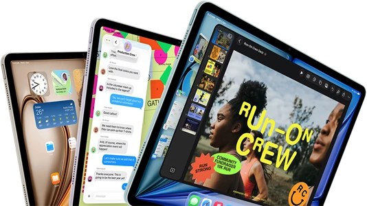 Three iPad Air displays in fan-like arrangement, colors: Blue, Purple, Starlight, front exterior, side exterior, apps on screen display include Keynote app, Messages, and Home Screen